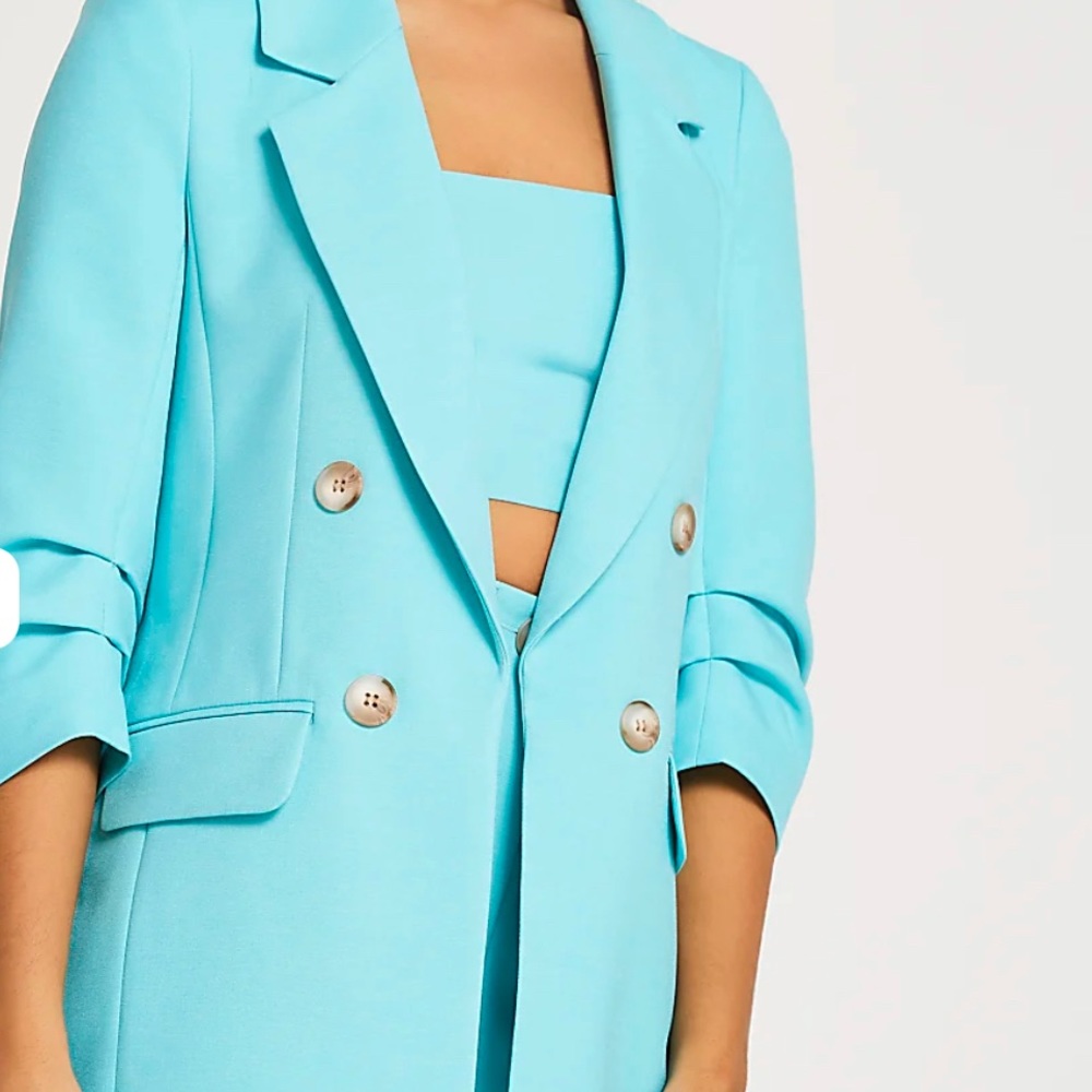 NWT River Island BLUE Turquoise LONGLINE RUCHED SLEEVE SOFT BLAZER